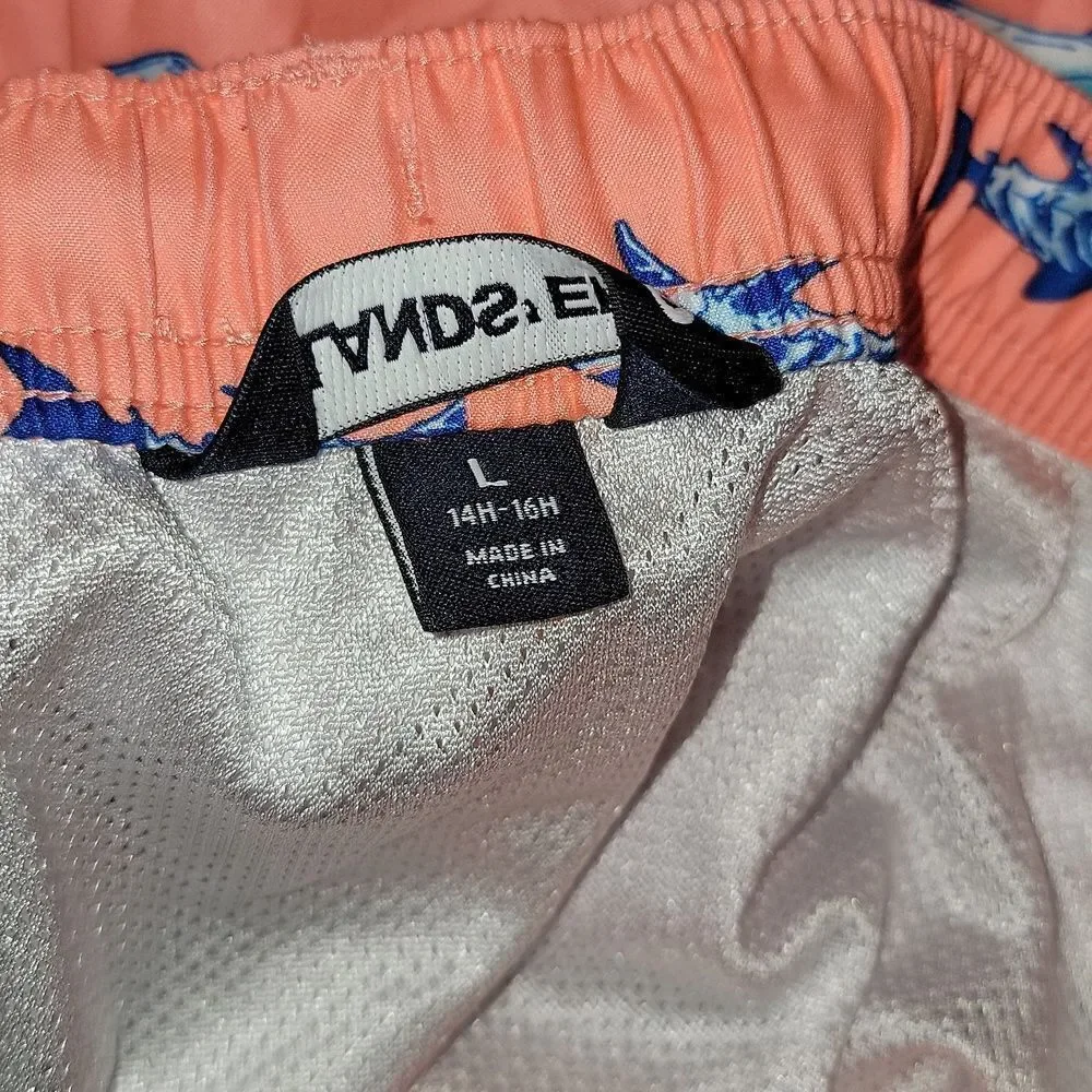 Lands End Boys Shark Printed Volley Swim Trunks Shorts Size L (14H-16H)